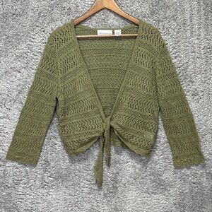 Vintage Alfred Dunner Green Crochet Knit Tie-Front Sweater Size Large Boho Fairy